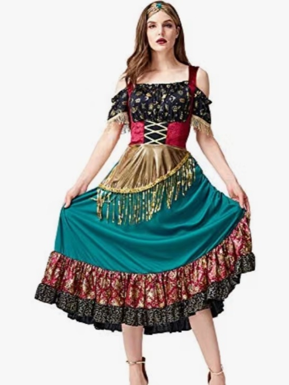 NWT Fortune Teller Teal and Red Off-Shoulder Midi Dress w/ Gold Fringe Accents